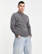 Asos Design Organic Blend Long Sleeve Jersey Polo In Charcoal Heather-gray