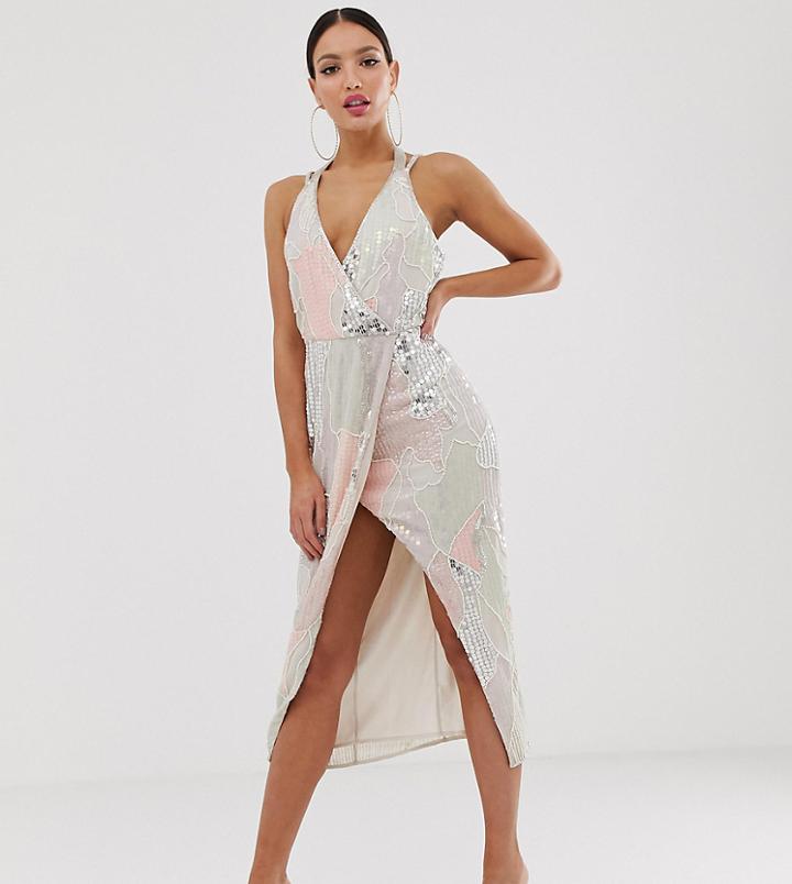Asos Design Tall Midi Dress In Pearl And Sequin Patched Embellishment - Multi