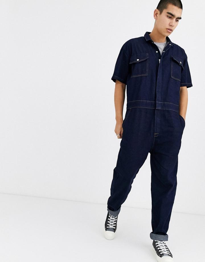 Asos Design Denim Jumpsuit In Indigo-blue