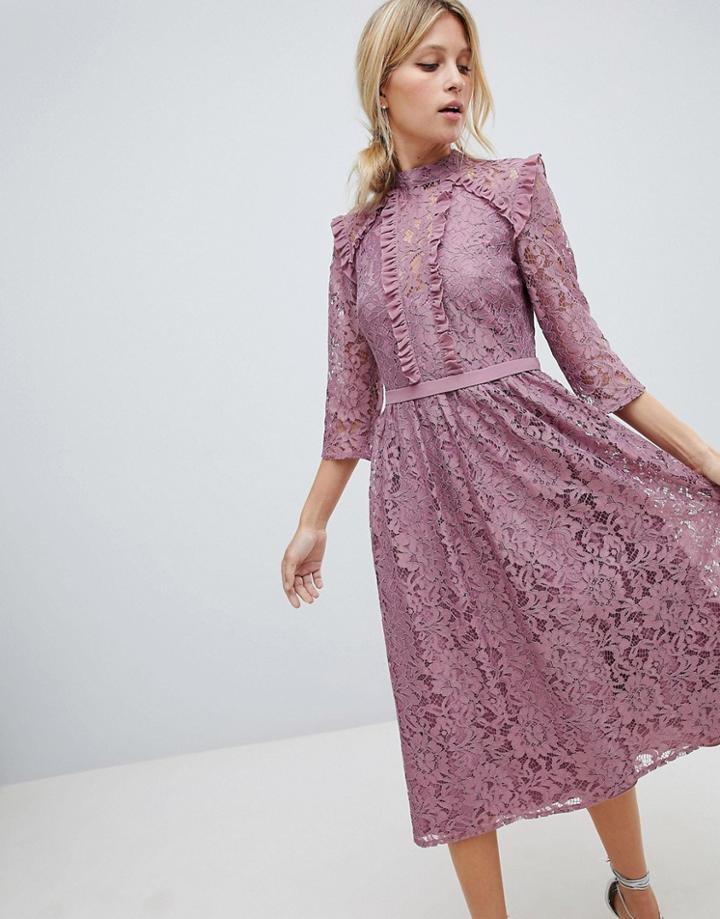 Little Mistress All Over Lace Full Midi Prom Dress - Pink