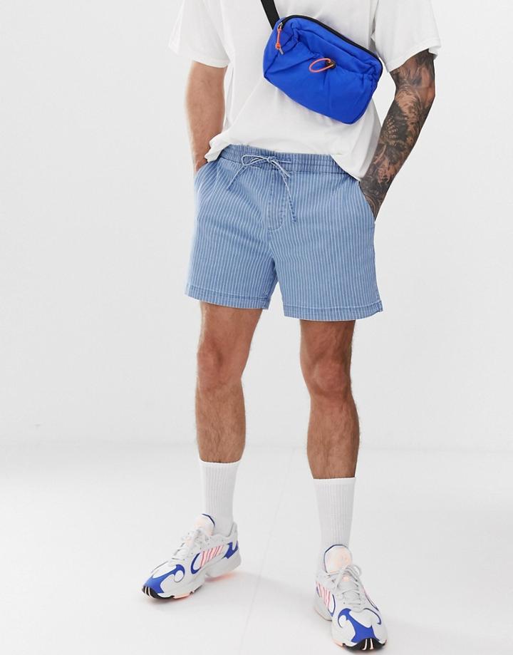 New Look Denim Shorts With Drawstring In Blue Stripe - Blue