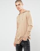 Asos Super Longline Long Sleeve T-shirt With Hood And Hem Detail - Brown