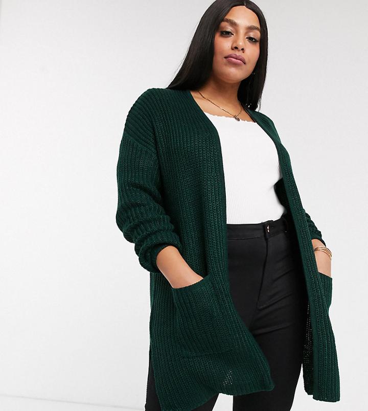 Brave Soul Plus Shamble Longline Cardigan In Forest Green