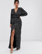Asos Design Maxi Dress With Batwing Sleeve And Wrap Waist In Scatter Sequin