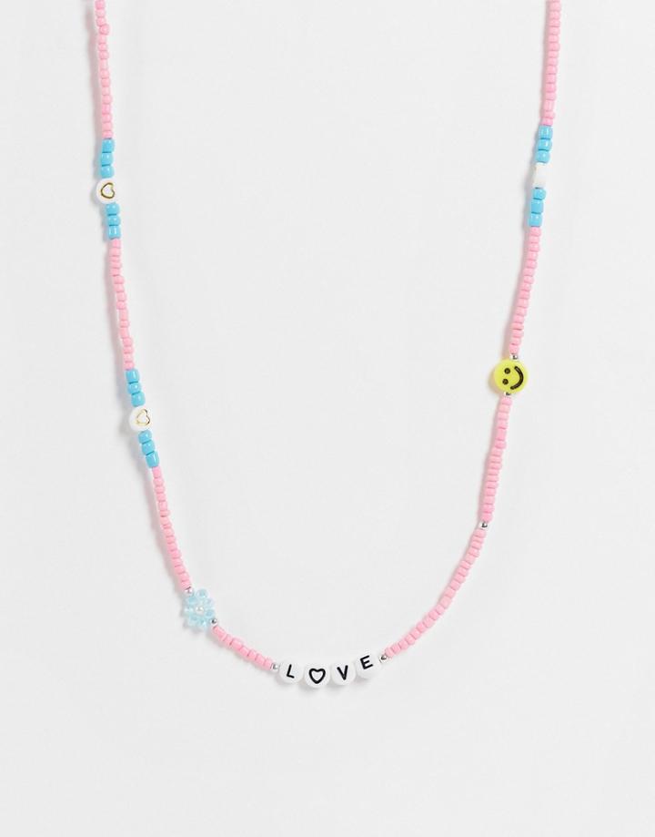 Pieces 'love' Beaded Necklace In Pink & Blue-multi