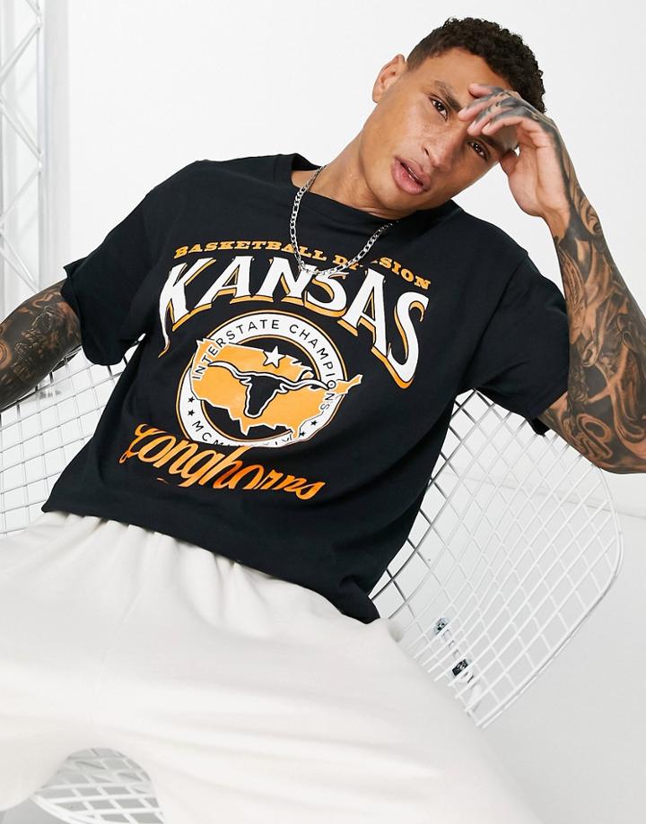 Topman Oversized Fit T-shirt With Kansas Print In Black