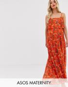 Asos Design Maternity Maxi Dress With Pleated Crop Top With Scoop Neck In Print - Multi