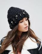 Urbancode Pearl Embellished Knitted Beanie Hat - Black
