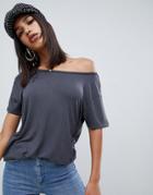 Asos Design Off Shoulder Top With Short Sleeve In Drapey Fabric In Gray - Gray