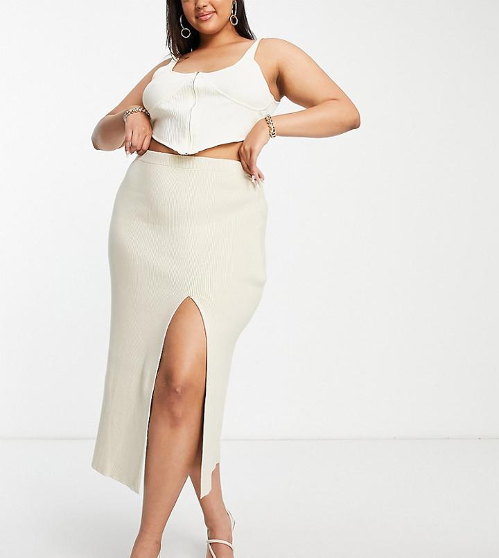 Pretty Lavish Curve Fine Knit Thigh Split Midi Skirt In Beige - Part Of A Set-neutral
