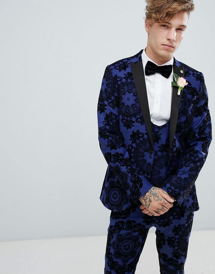 Twisted Tailor Super Skinny Tuxedo Suit Jacket In Flocking - Blue