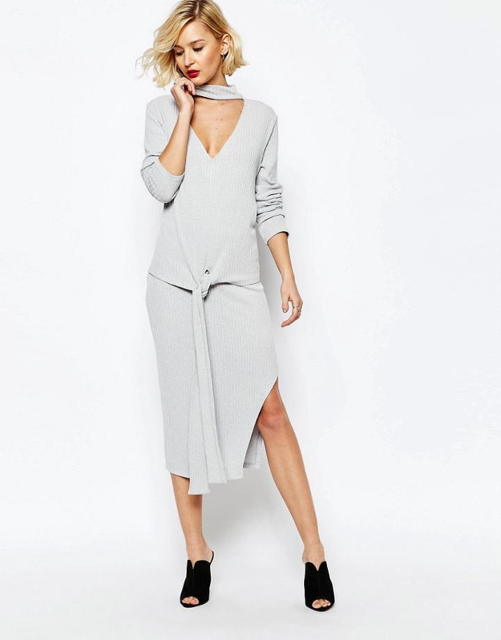 Lavish Alice Light Gray Rib Keyhole High Neck Tie Detail Top - Silver Gray