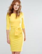 City Goddess 3/4 Sleeve Belted Pencil Dress - Yellow