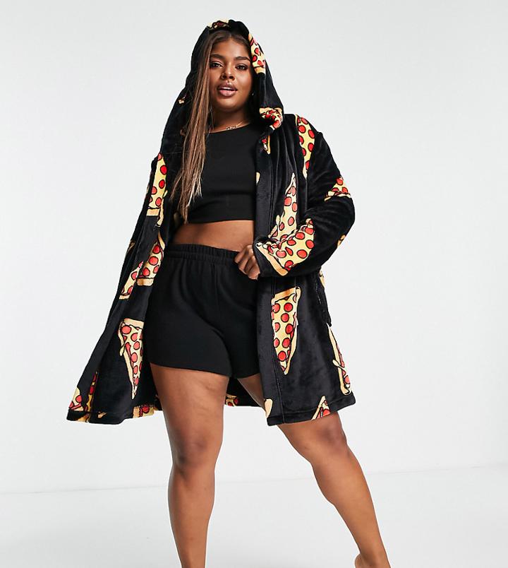Asos Design Curve Super-soft Pizza Print Fleece Robe In Black