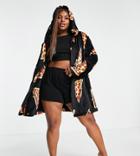 Asos Design Curve Super-soft Pizza Print Fleece Robe In Black