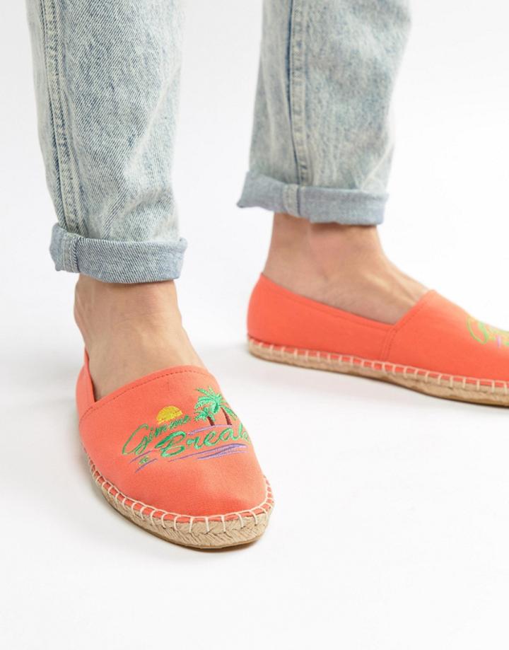 Asos Design Espadrilles In Orange With Embroidery - Orange