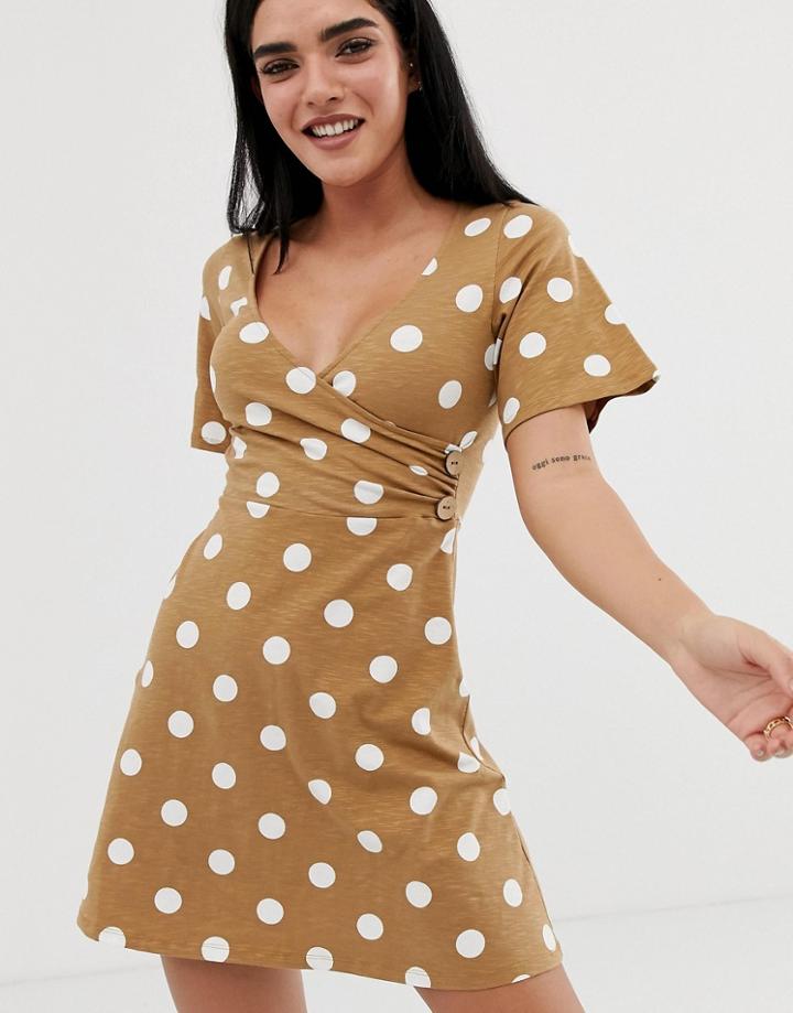 Asos Design Textured Wrap Front Mini Dress In Polka Dot-multi
