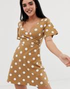 Asos Design Textured Wrap Front Mini Dress In Polka Dot-multi