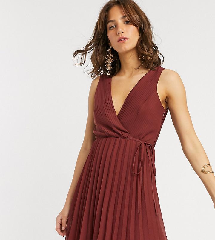 Asos Design Wrap Bodice Mini Dress With Tie Waist And Pleat Skirt-red