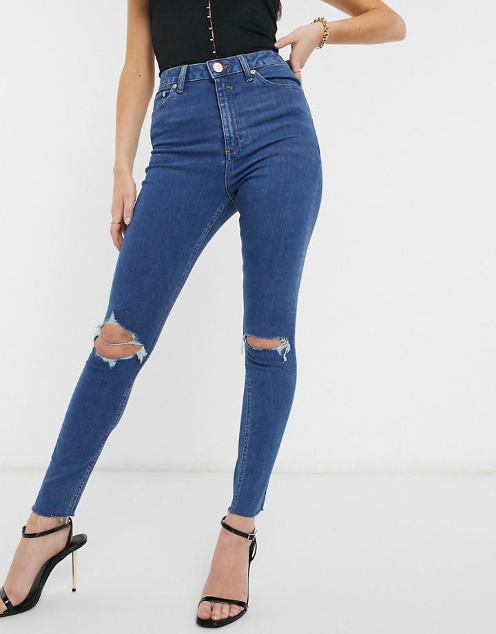 Asos Design High Rise Ridley 'skinny' Jeans In Bright Midwash With Raw Hem-blues