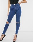Asos Design High Rise Ridley 'skinny' Jeans In Bright Midwash With Raw Hem-blues