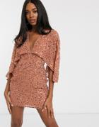 Asos Design Mini Dress With Cape Kimono Sleeve In Scatter Sequin-orange
