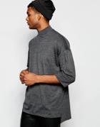 Asos Oversized 3/4 Sleeve T-shirt With Turtleneck And Stepped Hem - Charcoal