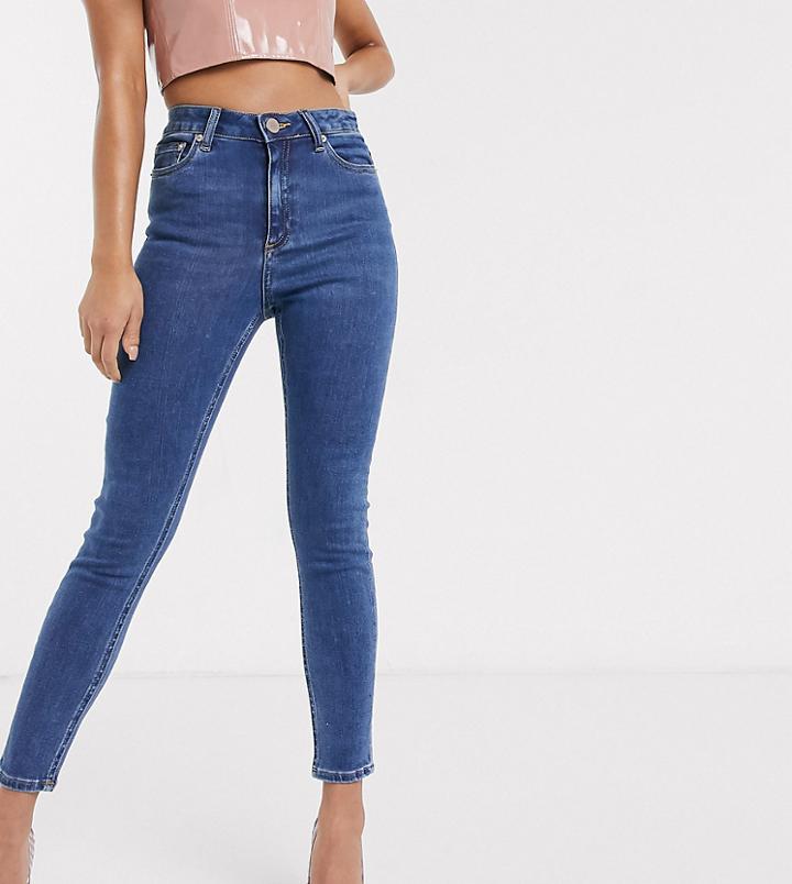 Asos Design Petite High Rise Ridley 'skinny' Jeans In Bright Midwash Blue-purple