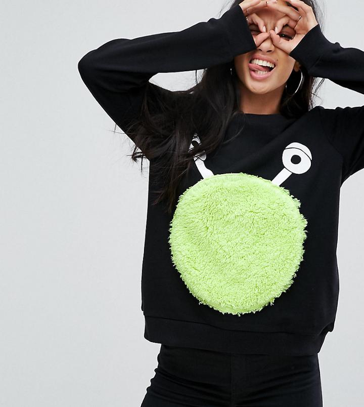 Asos Petite Halloween Sweatshirt With Furry Monster - Black