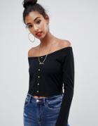 Asos Design Long Sleeve Off Shoulder Badot Top In Rib With Button Popper Front - Black