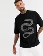 Asos Design Oversized Longline T-shirt With Metallic Beaded Snake-black