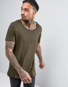 Asos Longline T-shirt With Scoop Neck In Dark Green - Green