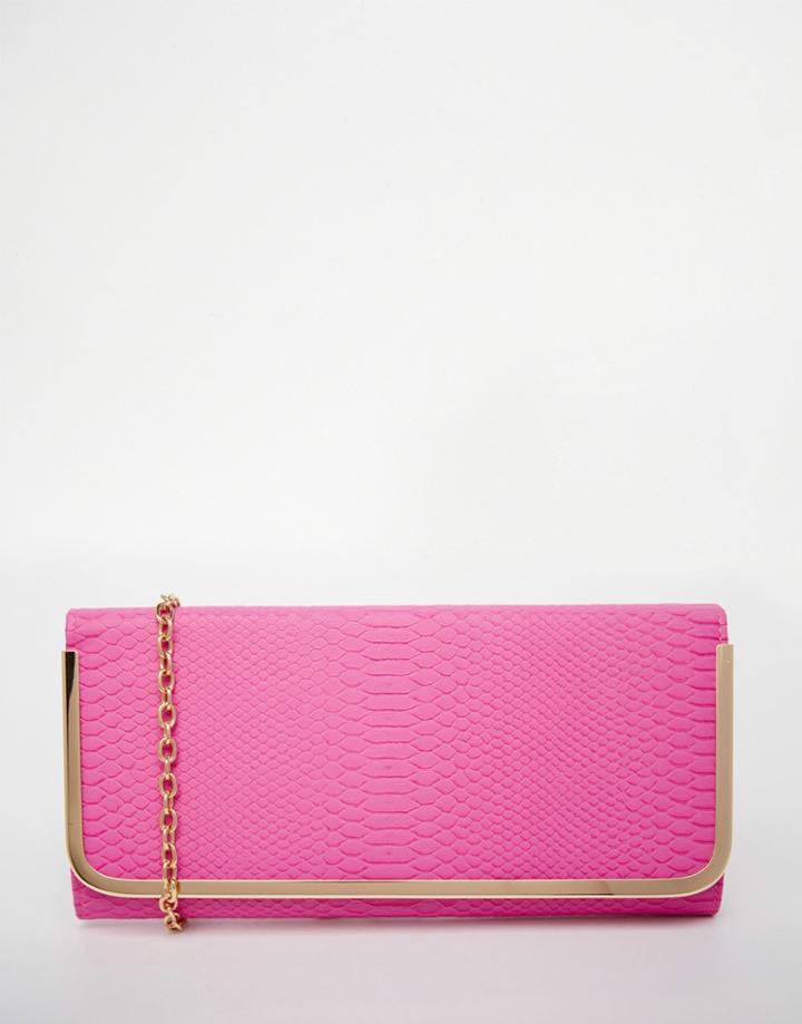 Aldo Clutch Bag With Gold Bar Detail In Pink Faux Snake - Pink Snake