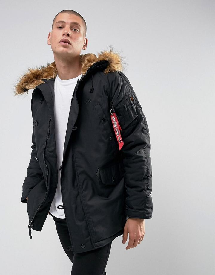 Alpha Industries Explorer Parka Jacket Detachable Faux Fur Trim In Black - Black