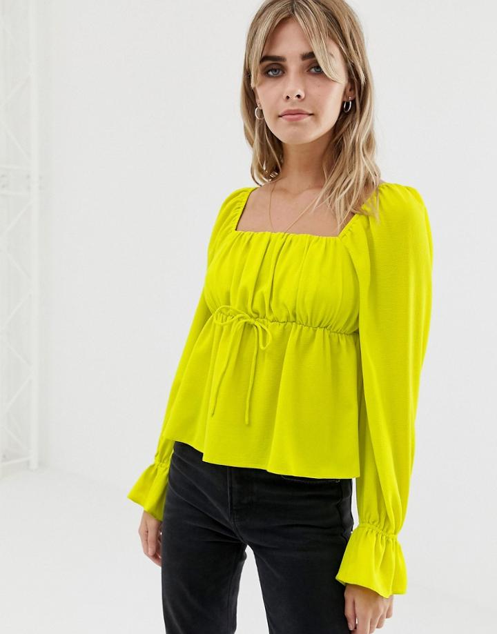 Asos Design Long Sleeve Square Neck Blouse In Neon-green