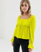 Asos Design Long Sleeve Square Neck Blouse In Neon-green