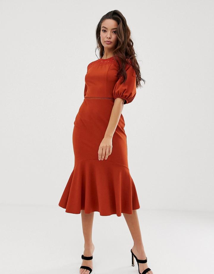 Asos Design Lace Mix Midi Pencil Dress With Pep Hem - Orange