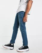 Topman Cotton Blend Stretch Slim Jeans In Mid Wash - Mblue-blues