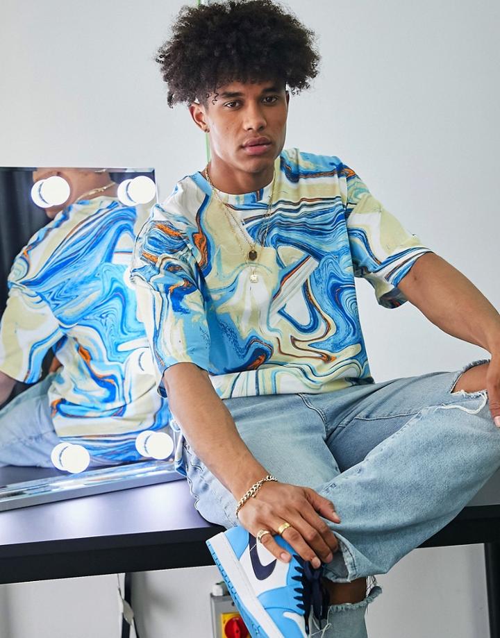 Bershka Oversized Marble Print T-shirt In Blue