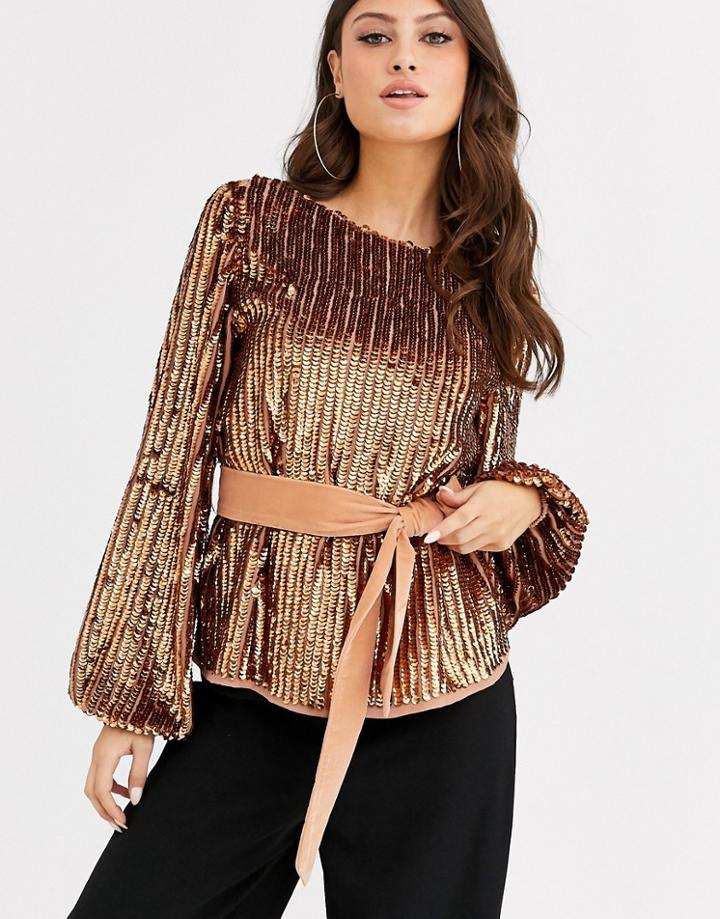 Asos Design Batwing Sequin Top With Tie Waist-no Color
