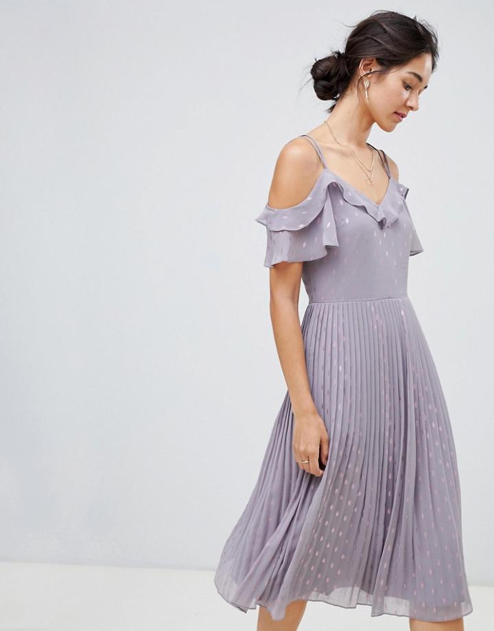 Oasis Spot Pleated Midi Dress With Cold Shoulder In Lilac - Gray