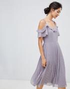 Oasis Spot Pleated Midi Dress With Cold Shoulder In Lilac - Gray