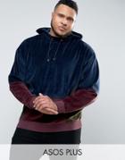 Asos Plus Oversized Cut & Sew Hoodie In Velour - Navy