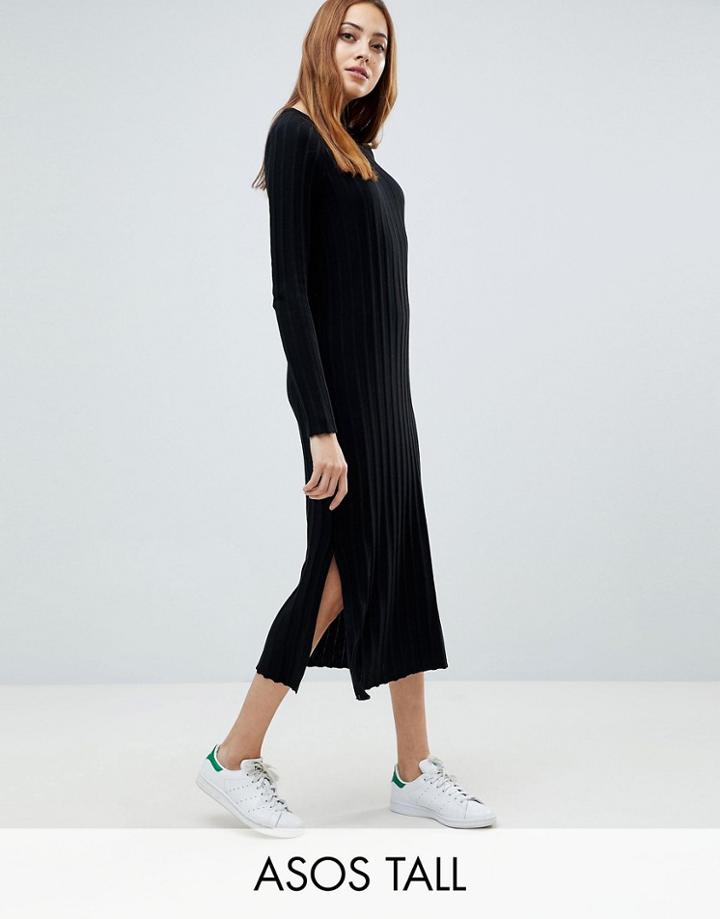 Asos Tall Midi Dress In Pleated Wide Rib - Black