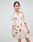 Asos Design Embroidered Wrap Mini Dress - Cream