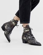 Allsaints Katy Snake Effect Leather Print Heeled Lace Up Boot With Buckle-multi