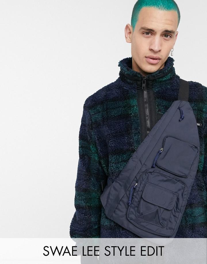 Asos Design Cross Body Harness Bag In Navy With Pockets