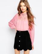 Asos Lace Insert Victoriana Blouse - Pink