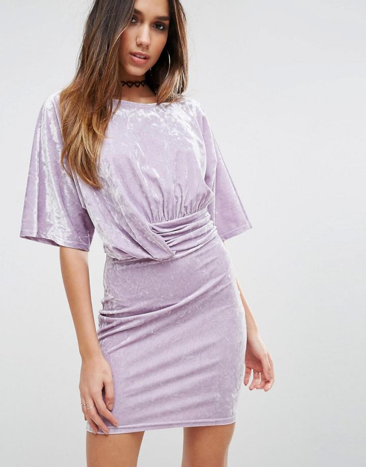 Asos Drape Front Dress In Crushed Velvet - Purple