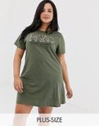New Look Curve Slogan T Shirt Dress In Khaki - Green